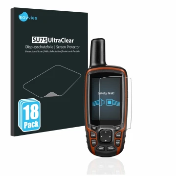 Front side of a product packaging with the brand logo Savvies. Next to it is the device Garmin GPSMAP 64s shown with the corre