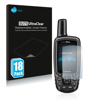 Front side of a product packaging with the brand logo Savvies. Next to it is the device Garmin GPSMAP 64st shown with the corr