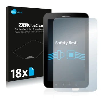Front side of a product packaging with the brand logo Savvies. Next to it is the device Samsung Galaxy Tab 3 7.0 Lite shown wi