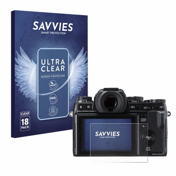 Front side of a product packaging with the brand logo Savvies. Next to it is the device Fujifilm X-T1 shown with the correspon