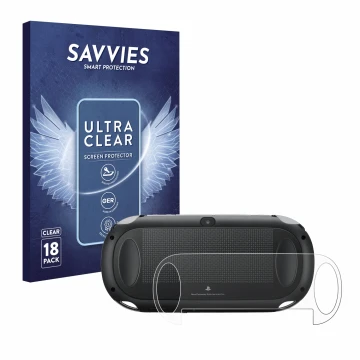 Front side of a product packaging with the brand logo Savvies. Next to it is the device Sony Playstation PCH-1000-Serie PS Vit