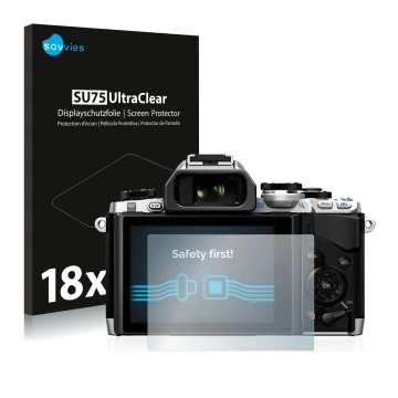 Front side of a product packaging with the brand logo Savvies. Next to it is the device Olympus OM-D E-M10 shown with the corr