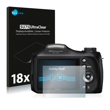 Front side of a product packaging with the brand logo Savvies. Next to it is the device Sony Cyber-Shot DSC-H300 shown with th