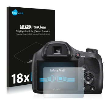 Front side of a product packaging with the brand logo Savvies. Next to it is the device Sony Cyber-Shot DSC-H400 shown with th