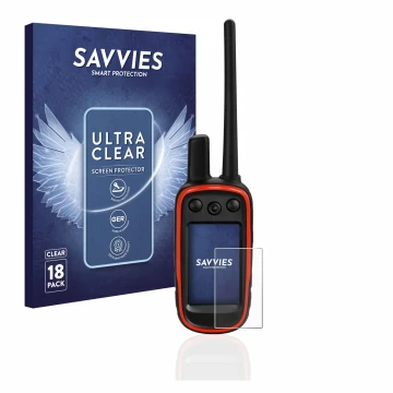 Front side of a product packaging with the brand logo Savvies. Next to it is the device Garmin Alpha 100 shown with the corres