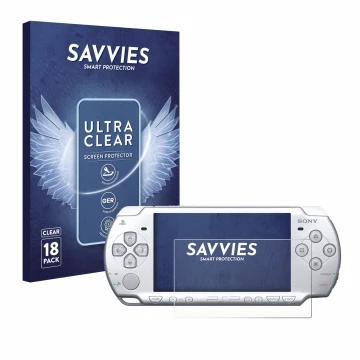 Front side of a product packaging with the brand logo Savvies. Next to it is the device Sony PSP 2004 shown with the correspon