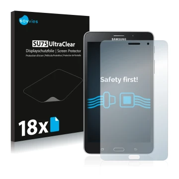 Front side of a product packaging with the brand logo Savvies. Next to it is the device Samsung Galaxy Tab Tab 4 7.0 LTE shown
