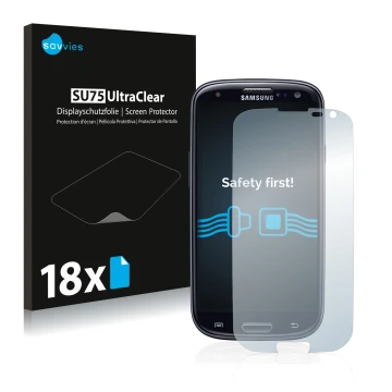 Front side of a product packaging with the brand logo Savvies. Next to it is the device Samsung Galaxy S3 Neo I9300I shown wit