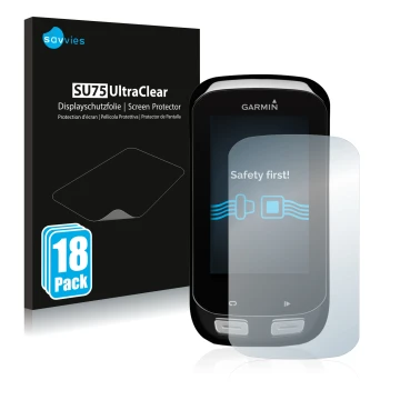 Front side of a product packaging with the brand logo Savvies. Next to it is the device Garmin Edge 1000 shown with the corres