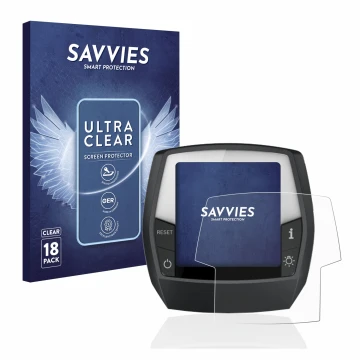 Front side of a product packaging with the brand logo Savvies. Next to it is the device Bosch Intuvia Performance Line shown w