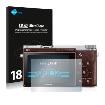 Front side of a product packaging with the brand logo Savvies. Next to it is the device Samsung NX3000 shown with the correspo