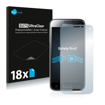 Front side of a product packaging with the brand logo Savvies. Next to it is the device Samsung Galaxy S5 Mini SM-G800 shown w