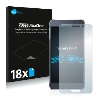 Front side of a product packaging with the brand logo Savvies. Next to it is the device Samsung Galaxy Alpha SM-G850F shown wi