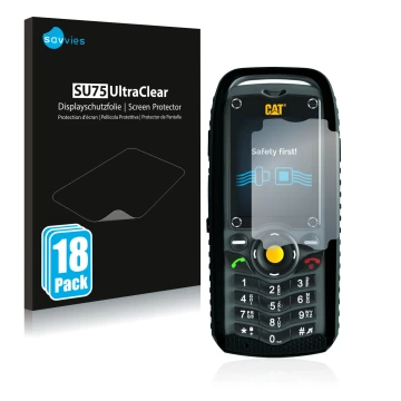 Front side of a product packaging with the brand logo Savvies. Next to it is the device Caterpillar Cat B25 shown with the cor