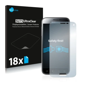 Front side of a product packaging with the brand logo Savvies. Next to it is the device Samsung Galaxy S5 Mini SM-G800F shown 