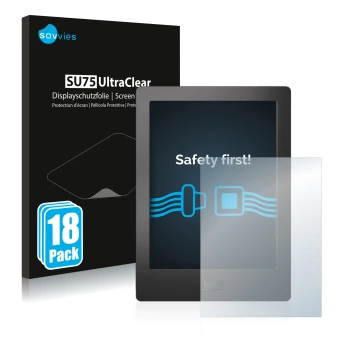 Front side of a product packaging with the brand logo Savvies. Next to it is the device Kobo Aura H2O shown with the correspon