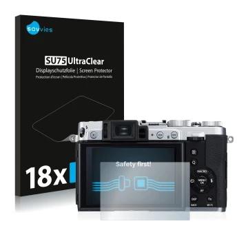 Front side of a product packaging with the brand logo Savvies. Next to it is the device Fujifilm X30 shown with the correspond