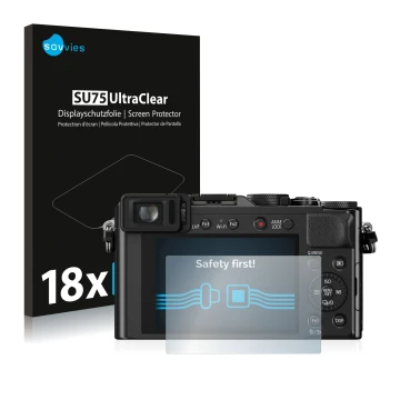 Front side of a product packaging with the brand logo Savvies. Next to it is the device Panasonic Lumix DMC-LX100 shown with t