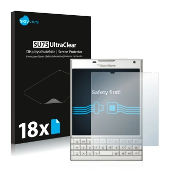 Front side of a product packaging with the brand logo Savvies. Next to it is the device BlackBerry Passport shown with the cor