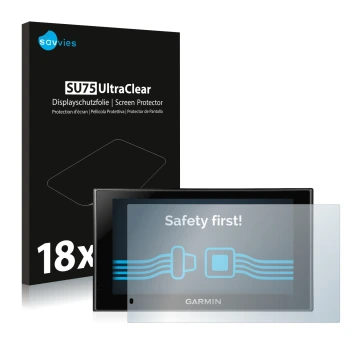 Front side of a product packaging with the brand logo Savvies. Next to it is the device Garmin nüvi 2599LMT-D shown with the c