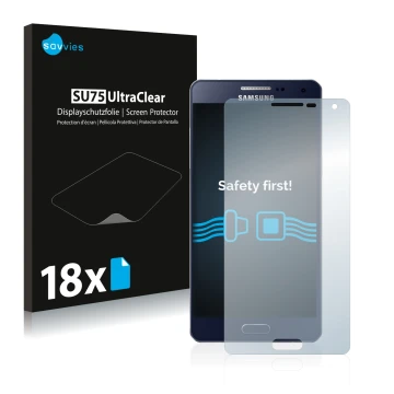 Front side of a product packaging with the brand logo Savvies. Next to it is the device Samsung Galaxy A5 2015 shown with the 