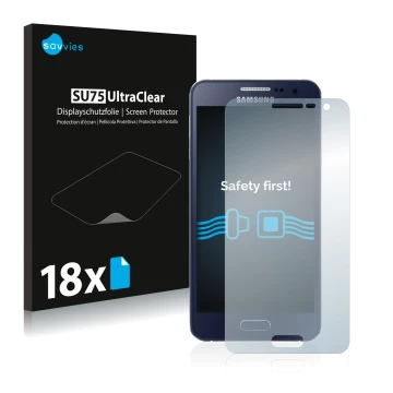 Front side of a product packaging with the brand logo Savvies. Next to it is the device Samsung Galaxy A3 2015 shown with the 