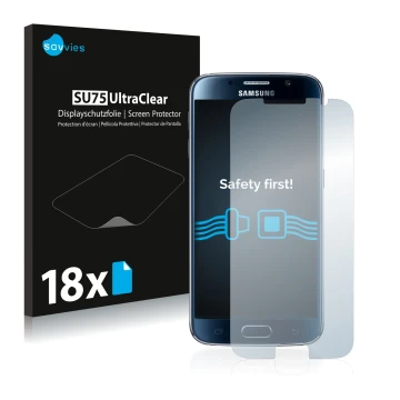 Front side of a product packaging with the brand logo Savvies. Next to it is the device Samsung Galaxy S6 shown with the corre