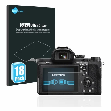 Front side of a product packaging with the brand logo Savvies. Next to it is the device Sony Alpha 7 II (ILCE-7M2) shown with 
