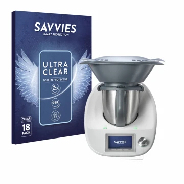 Front side of a product packaging with the brand logo Savvies. Next to it is the device Vorwerk Thermomix TM5 shown with the c