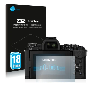 Front side of a product packaging with the brand logo Savvies. Next to it is the device Olympus OM-D E-M5 Mark II shown with t