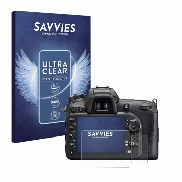 Front side of a product packaging with the brand logo Savvies. Next to it is the device Nikon D7200 shown with the correspondi