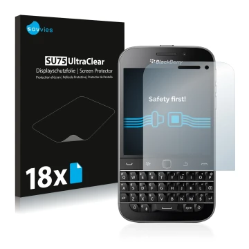 Front side of a product packaging with the brand logo Savvies. Next to it is the device Blackberry Classic Q20 shown with the 