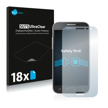 Front side of a product packaging with the brand logo Savvies. Next to it is the device Samsung Galaxy Core Prime G360 shown w