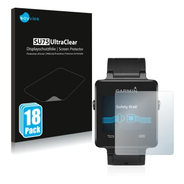 Front side of a product packaging with the brand logo Savvies. Next to it is the device Garmin vivoactive shown with the corre