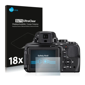 Front side of a product packaging with the brand logo Savvies. Next to it is the device Nikon Coolpix P900 shown with the corr