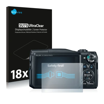 Front side of a product packaging with the brand logo Savvies. Next to it is the device Canon PowerShot SX710 HS shown with th