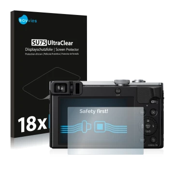 Front side of a product packaging with the brand logo Savvies. Next to it is the device Panasonic Lumix DMC-TZ71 shown with th