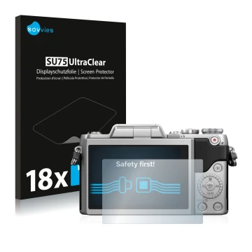 Front side of a product packaging with the brand logo Savvies. Next to it is the device Panasonic Lumix DMC-GF7 shown with the