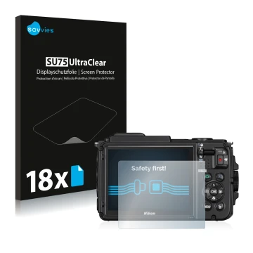 Front side of a product packaging with the brand logo Savvies. Next to it is the device Nikon Coolpix AW130 shown with the cor