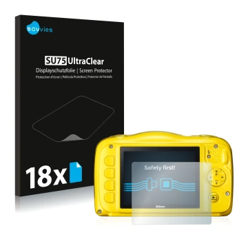 Front side of a product packaging with the brand logo Savvies. Next to it is the device Nikon Coolpix S33 shown with the corre