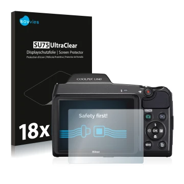 Front side of a product packaging with the brand logo Savvies. Next to it is the device Nikon Coolpix L840 shown with the corr