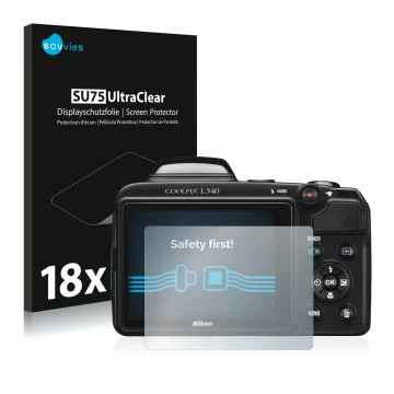 Front side of a product packaging with the brand logo Savvies. Next to it is the device Nikon Coolpix L340 shown with the corr