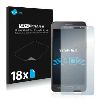 Front side of a product packaging with the brand logo Savvies. Next to it is the device Samsung Galaxy Grand Prime SM-G530FZ s