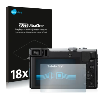 Front side of a product packaging with the brand logo Savvies. Next to it is the device Panasonic Lumix DMC-TZ70 shown with th