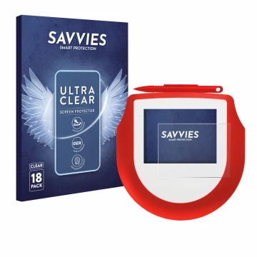 Front side of a product packaging with the brand logo Savvies. Next to it is the device Signotec Signature Pad Omega shown wit