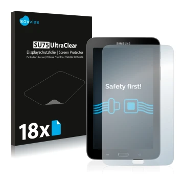 Front side of a product packaging with the brand logo Savvies. Next to it is the device Samsung Galaxy Tab 3 SM-T113 shown wit