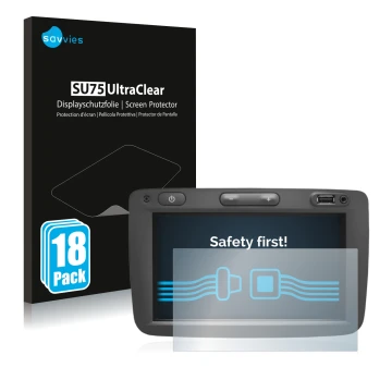 Front side of a product packaging with the brand logo Savvies. Next to it is the device Dacia Media Nav shown with the corresp