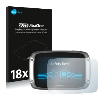 Front side of a product packaging with the brand logo Savvies. Next to it is the device TomTom Rider 400 shown with the corres