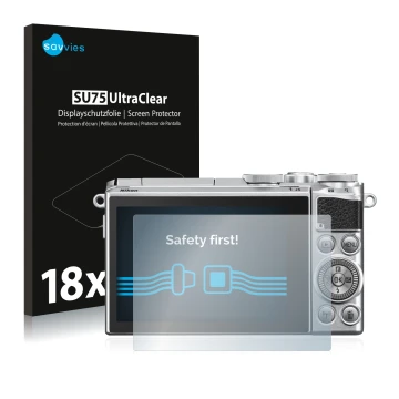 Front side of a product packaging with the brand logo Savvies. Next to it is the device Nikon 1 J5 shown with the correspondin