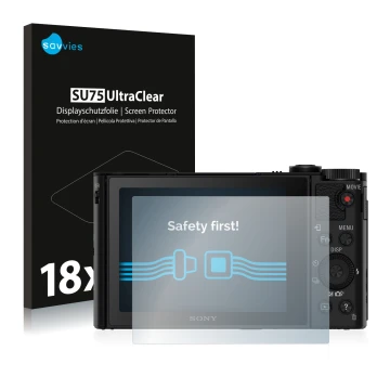 Front side of a product packaging with the brand logo Savvies. Next to it is the device Sony Cyber-Shot DSC-HX90V shown with t